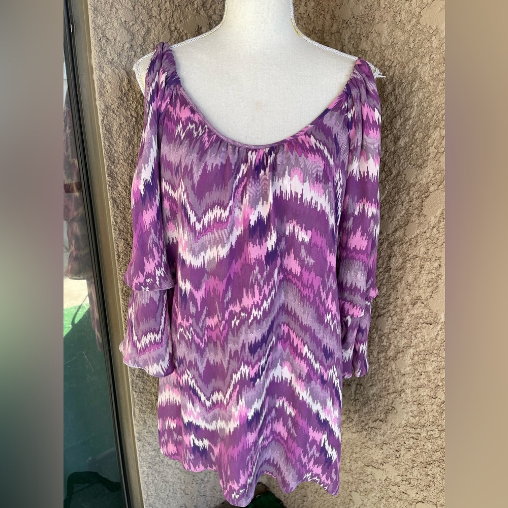 Parker Purple and White Cold Shoulder Flowy Loose Silk Dress
